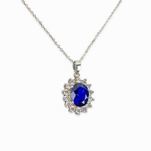 Dark Blue Oval Pendant Necklace Sparkly Spinel Clear Rhinestones Silver Tone